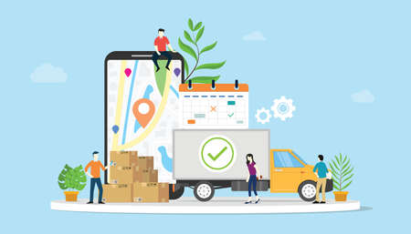 online delivery goods ecommerce concept with team people truck and mobile apps smartphone - vector illustrationのイラスト素材
