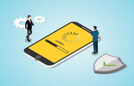 isometric 3d system update concept process with smartphone apps in download progress - vector illustrationのイラスト素材