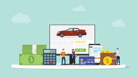 online car shopping e-commerce technology with team people and finance team on website computer - vector illustrationのイラスト素材