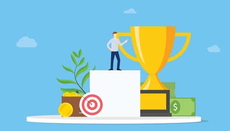 high goals personal target concept with people and achievement and dart with big trophy - vector illustrationのイラスト素材