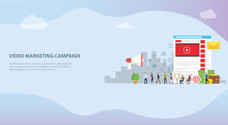video marketing campaign concept with social media team business marketing for website template banner or landing homepage - vector illustrationのイラスト素材