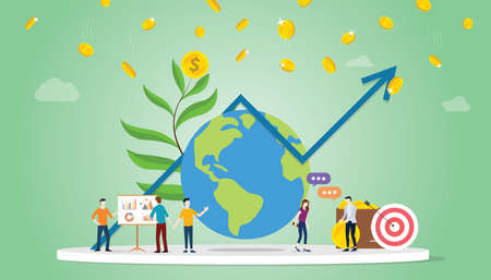 international investment concept with big globe and graph chart and money with team people - vector illustrationのイラスト素材