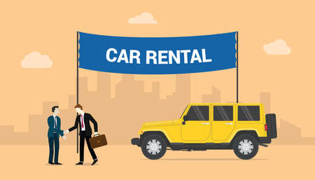 car rentals concept with two men deals share rentals cars with city background with modern flat style - vector illustrationのイラスト素材