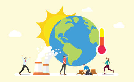 global warming earth concept with sun and thermometer with team people with modern flat style - vector illustrationのイラスト素材