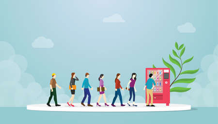 vending machine queue with many people concept with modern flat style - vector illustrationのイラスト素材