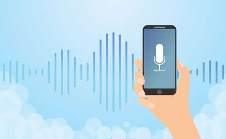 voice recognition technology with hand hold smartphone and noise wave background with modern flat style - vector illustrationのイラスト素材
