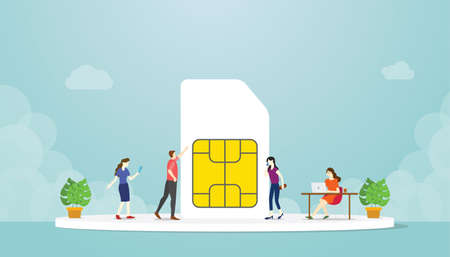 5g sim card networks technology internet phone with modern flat style and people use smartphone - vector illustrationのイラスト素材