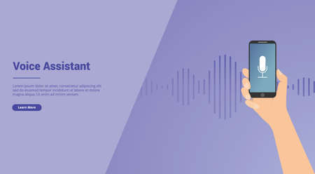voice assistant technology with hand and smartphone for website template or landing homepage banner - vector illustrationのイラスト素材