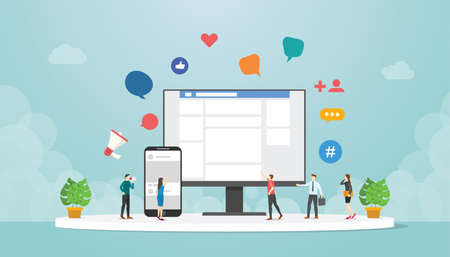 social network or social media concept on computer and smartphone mobile app with people and device...