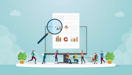 Team of People man and woman studying of learn infographic data information With modern flat Style - vector illustrationのイラスト素材