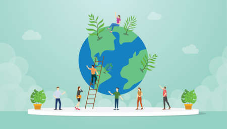 ecology world environment concept with people and world tree growth with modern flat style - vector illustrationのイラスト素材