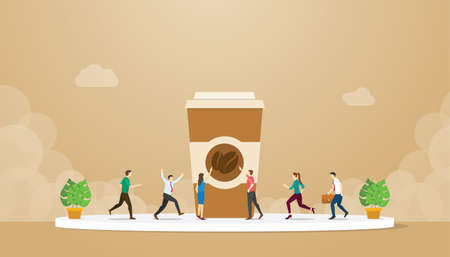 coffee addiction with cup of tall coffee glass with people running to catch with modern flat style - vector illustrationのイラスト素材