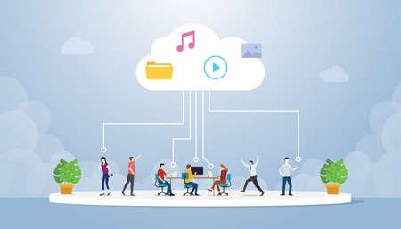 cloud computing technology with various people save data in cloud server with modern flat style -...