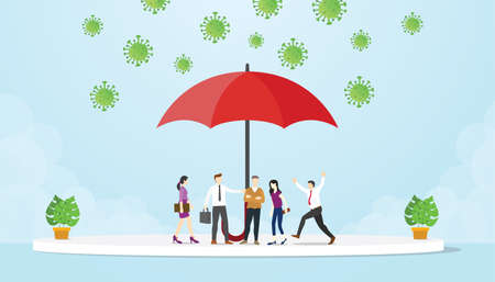 People under the umbrella avoid corona virus attack modern flat cartoon style vector illustration.のイラスト素材