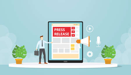 Public relations make press releases through company blogs. Modern flat cartoon design vector illustration.のイラスト素材