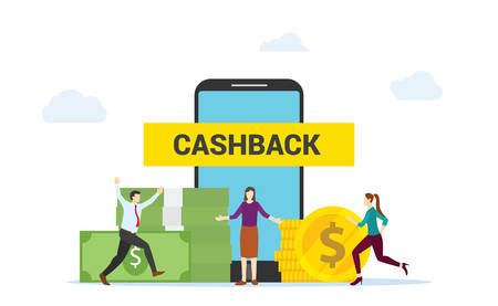 Cashback concept people happy get cashback by shopping online on smartphone apps ecommerce modern flat design vector illustration.のイラスト素材