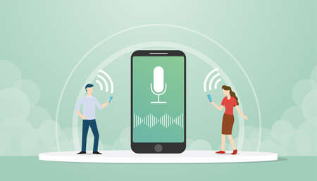 Male and female character take advantage technology of voice control features on smartphones flat...