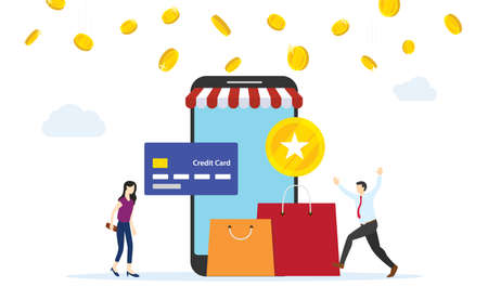 People getting earning point from online shopping payment with credit card flat style cartoon design vector Illustrationのイラスト素材
