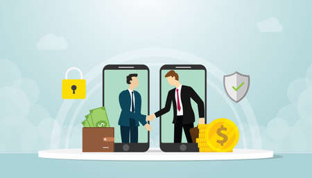 mobile deal concept with businessman handshake with money and security contract with modern flat styleのイラスト素材