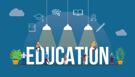 education concept with people and big text word and related icon flatのイラスト素材