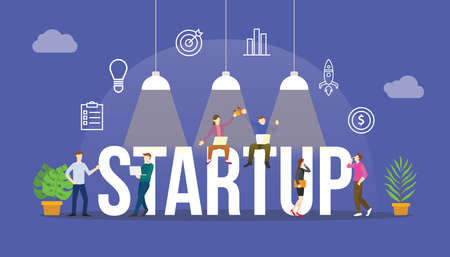startup business concept with team people and modern icon object modern flat with big text or wordのイラスト素材