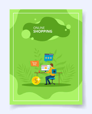 Online shopping man shop e commerce on computer for template of banners, flyer, books cover, magazines with liquid shape styleのイラスト素材
