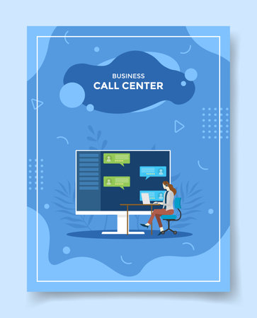 business call center women sitting use laptop headphones chatting monitor computer for template of banners, flyer, books cover, magazines with liquid shape style vector design illustrationのイラスト素材