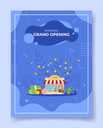 grand opening concept people standing front store fall coin money wallet target for template of banners, flyer, books cover, magazines with liquid shape style vector design illustrationのイラスト素材