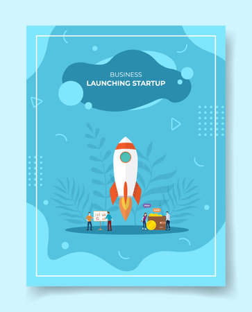 launching startup concept people around rocket fly takeoff chart board wallet coin for template of banners, flyer, books cover, magazines with liquid shape style vector design illustrationのイラスト素材