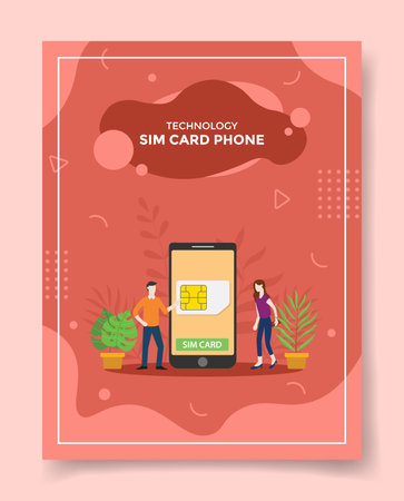 sim card phone men women around smartphone sim card on display screen for template of banners, flyer, books cover, magazines with liquid shape style vector design illustrationのイラスト素材