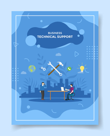 technical support men use laptop wrench hummer background of city sitting ion chair talk around customer use phone for template of banners, flyer, books cover, magazines with liquid shape style vector design illustrationのイラスト素材