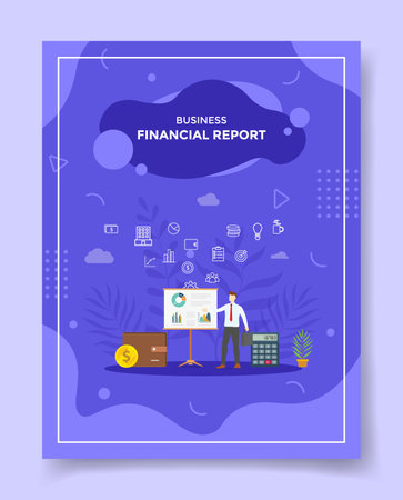 financial report men presented data statistic finance earning profit chart board around calculator coin wallet for template of banners, flyer, books cover, magazines with liquid shape style vector design illustrationのイラスト素材