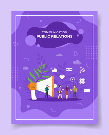 public relations people around megaphone speaker for template of banners, flyer, books cover, magazines with liquid shape style vector design illustrationのイラスト素材