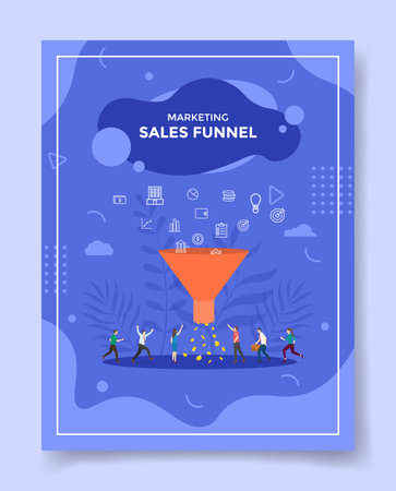 sales funnel concept people around funnel filtering icons marketing to money for template of banners, flyer, books cover, magazine with liquid shape flat style vector design illustrationのイラスト素材