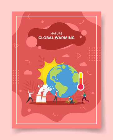 global warming cooncept people panic around earth sun thermometer smoke for template of banners, flyer, books cover, magazine with liquid shape flat style vector design illustrationのイラスト素材
