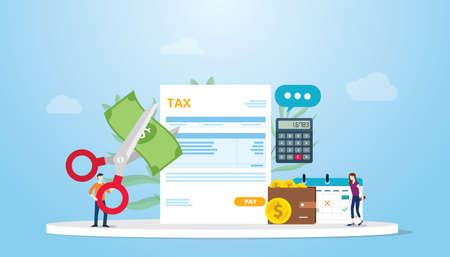 tax deduction or reduction concept with people cutting money on taxes document with scissors with modern flat style vectorのイラスト素材