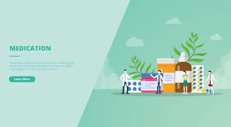 medication concept with various pills and bottle drugs for website design template banner or slide presentation cover vector illustrationのイラスト素材