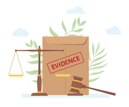 evidence document with paper and scale gavel with modern flat style vector illustrationのイラスト素材
