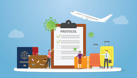 new normal guide or protocol procedure for travel or travelling with modern flat style vector illustrationのイラスト素材