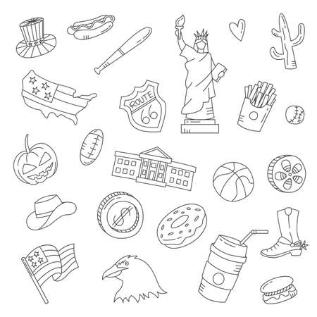 usa country nation doodle hand drawn set collections with outline black and white style vector illustrationのイラスト素材