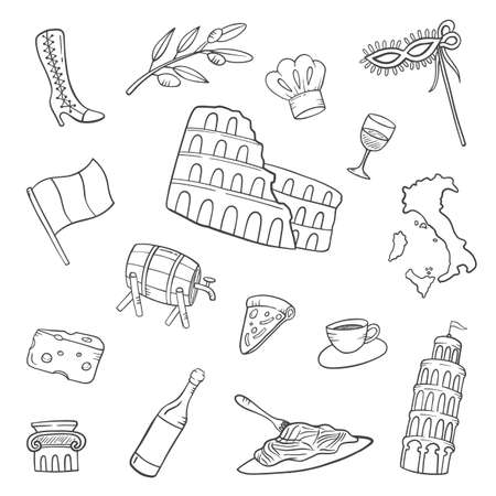 italy country nation doodle hand drawn set collections with outline black and white style vector illustrationのイラスト素材