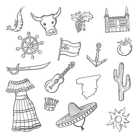 spain country nation doodle hand drawn set collections with outline black and white style vector illustrationのイラスト素材