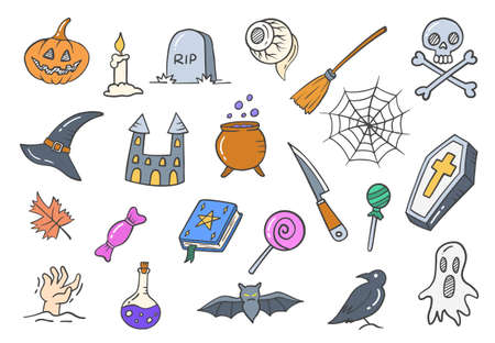 halloween doodle hand drawn set collections with flat outline style vector illustrationのイラスト素材