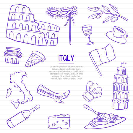 italy nation or country doodle hand drawn with outline style on paper books line vector illustrationのイラスト素材