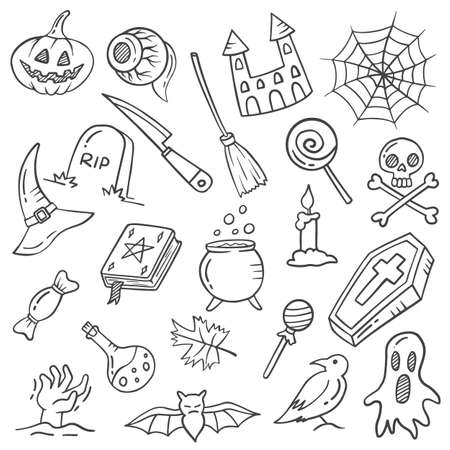 halloween events holiday doodle hand drawn set collections with outline black and white style vector illustrationのイラスト素材