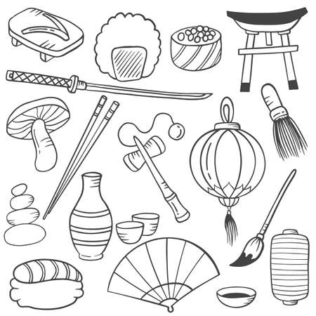 japan counrty or nation doodle hand drawn set collections with outline black and white style vector illustrationのイラスト素材