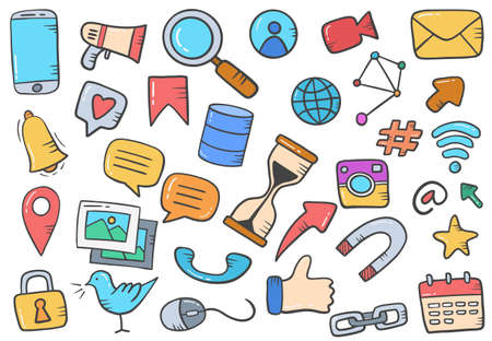 social media technology concept doodle hand drawn set collections with flat outline style vector illustrationのイラスト素材
