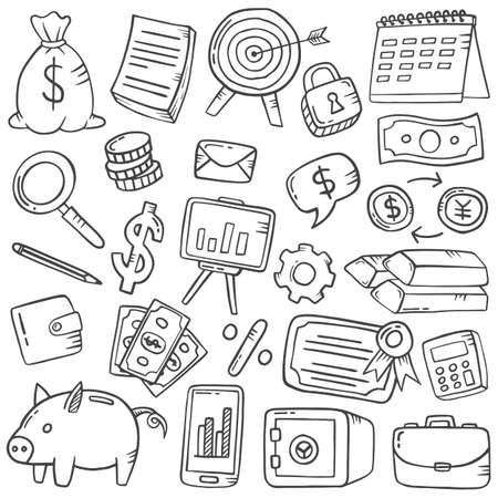 business finance doodle hand drawn set collections with outline black and white style vector illustrationのイラスト素材