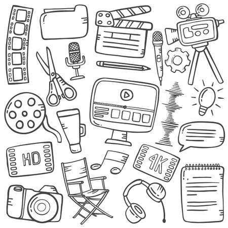 video editing concept doodle hand drawn set collections with outline black and white style vector illustrationのイラスト素材