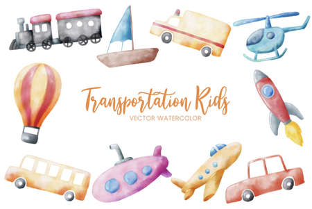 kids transportation watercolor set collection art graphic design illustration vectorの写真素材
